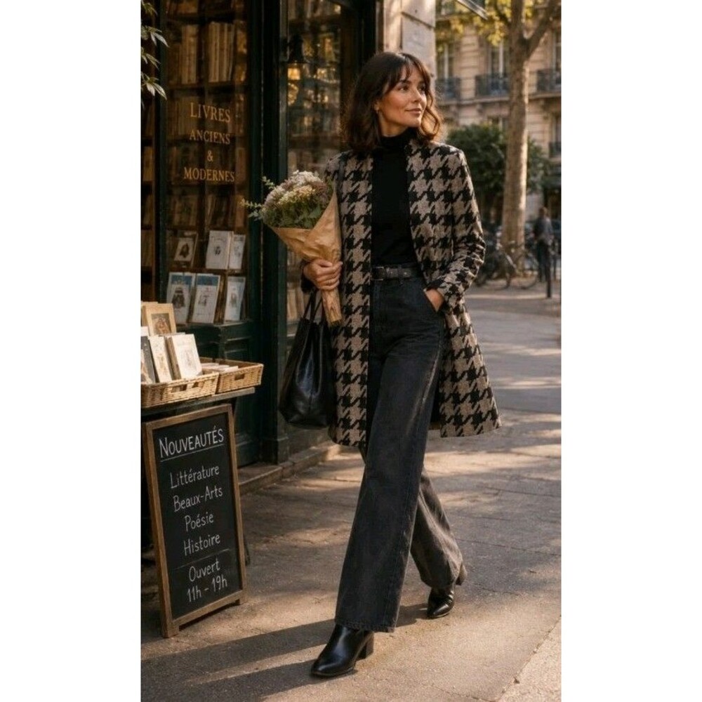 Ann Taylor Houndstooth Longline Open Cardigan Sweater Black Taupe Mohair Blend S